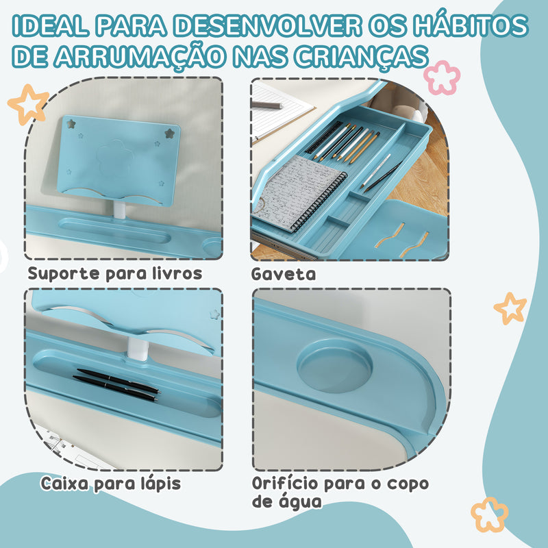 Conjunto de Secretária e Cadeira para Crianças de 6-12 Anos Secretária para Crianças com Altura Ajustável com 1 Gaveta Prateleira para Livros e Ângulo da Mesa Ajustável 80x49,5x82-104 cm Azul e Branco