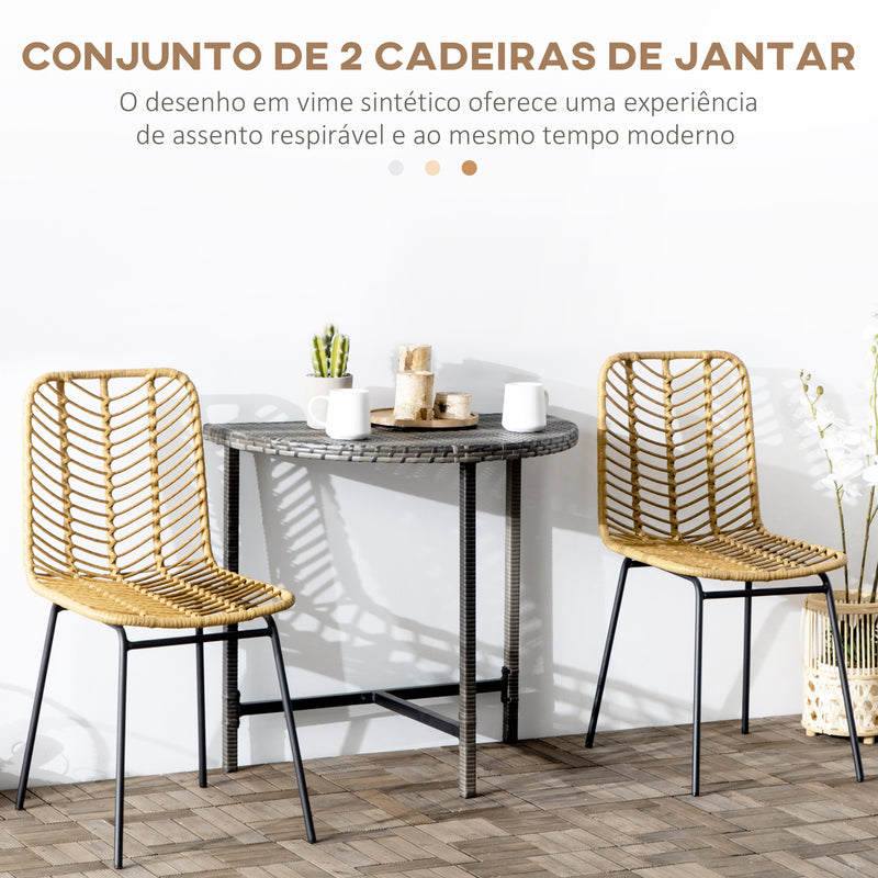 Conjunto de 2 Cadeiras Sala de Jantar de Vime Sintético Cadeiras de Cozinha de Vime com Pés de Aço para Sala de Jantar Dormitório Carga 120 kg 44x58x85 cm Madeira e Preto