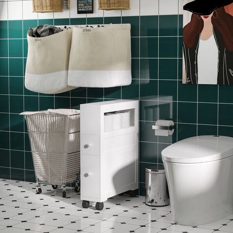 Móvel Auxiliar Casa de Banho Móvel Casa de Banho para Espaços Reduzidos com 4 Rodas Prateleira Aberta e Gavetas 16x52x71,5 cm Branco
