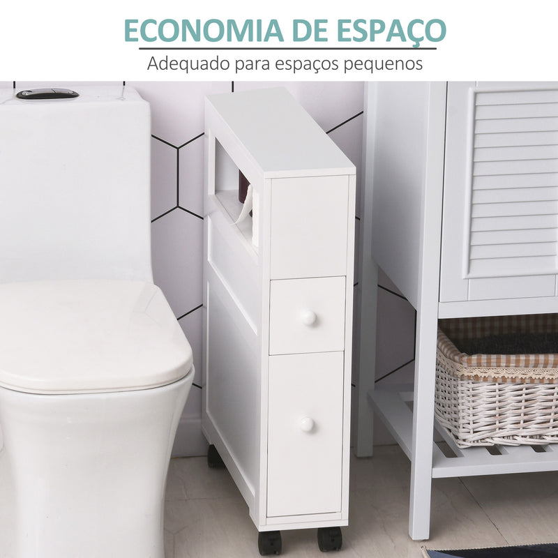 Móvel Auxiliar Casa de Banho Móvel Casa de Banho para Espaços Reduzidos com 4 Rodas Prateleira Aberta e Gavetas 16x52x71,5 cm Branco