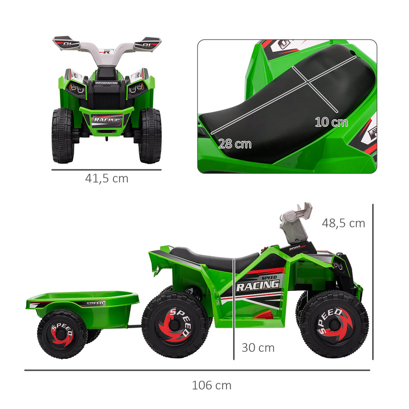 Quadriciclo Elétrico para Crianças com Reboque a Bateria 6V Carro Elétrico para Crianças de 18-36 Meses com Velocidade 2,5 km/h Carga Máxima 106x41,5x48,5 cm Verde