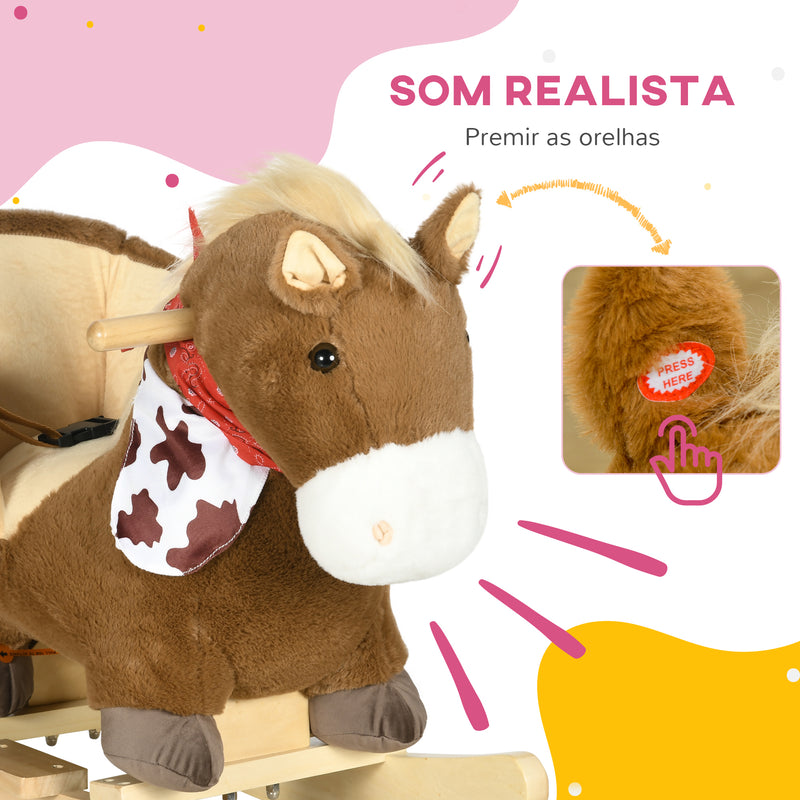 Cavalo Baloiço para Bebés 18-36 Meses Cavalo Baloiço com Sons Cinto de Segurança Guiador e Apoio para os Pés Carga 40 kg 60x33x50 cm Marrom