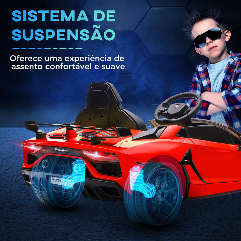 Carro Elétrico Lamborghini para Crianças de 37 a 60 Meses Carro Elétrico a Bateria 12V Velocidade Máxima 5km/h Controlo Remoto MP3 Luzes e Cinto de Segurança 107,5x63x42 cm Vermelho