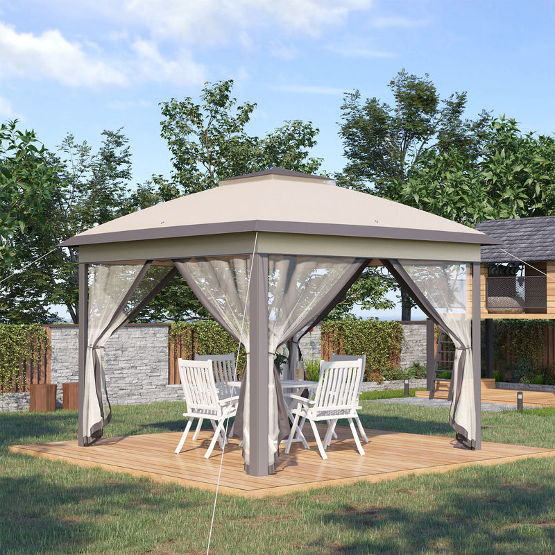 Pérgola Dobrável Exterior 3,3x3,3 m com Altura Ajustável Pérgola de Jardim com Teto Duplo 4 Mosquiteiras Removíveis e Bolsa de Transporte para Acampamento Festas Bege