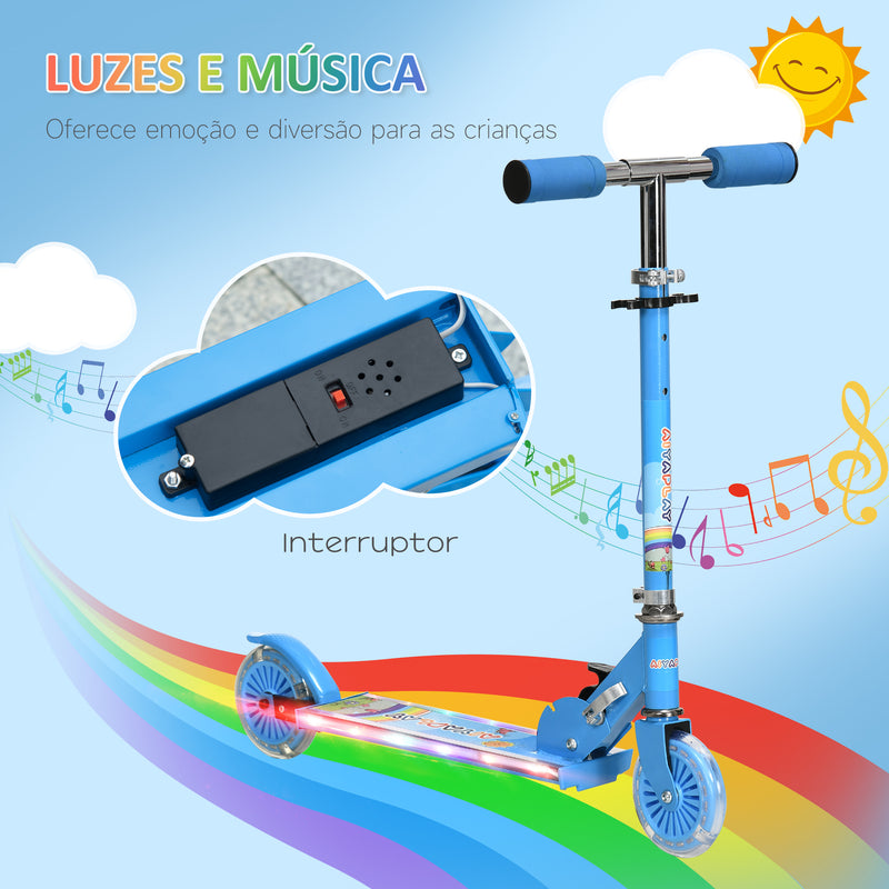 Trotinete para Crianças Dobrável Trotinete Infantil com Luzes e Música 4 Alturas Ajustável Rodas Brilhantes e Pedal LED para 3-7 Anos Carga 50 kg 67x32x65-78 cm Azul