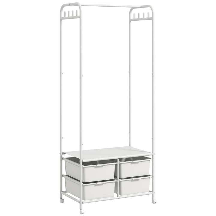 Charriot com Sapateiro Moderno 8 Ganchos e 4 Cestos para Armazenamento Charriot de Entrada com Rodas e Estrutura de Aço para Sala de Estar Dormitório Corredor 63x37x153 cm Branco