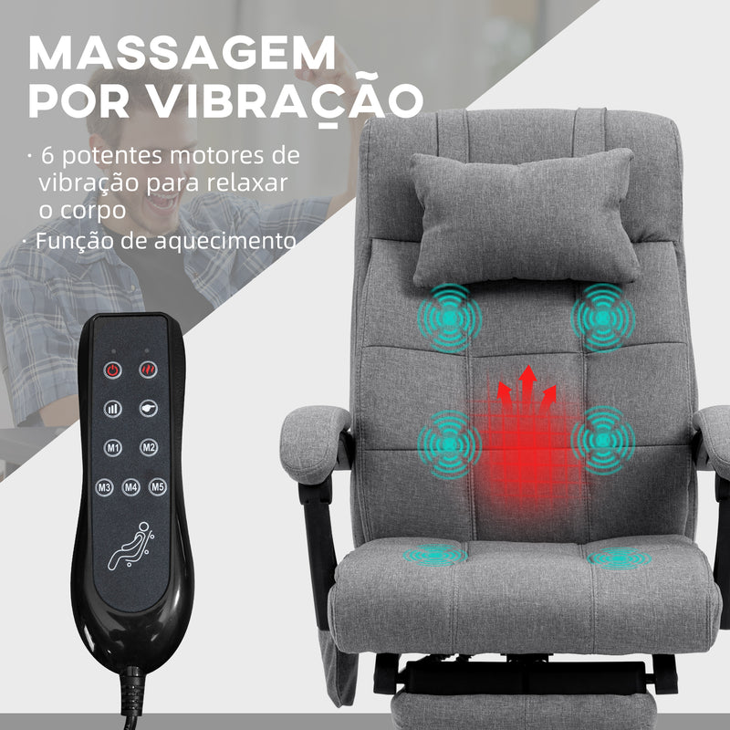 Cadeira de Escritório com 6 Pontos de Massagem e 5 Modos Cadeira de Escritório Reclinável 155° com Função de Aquecimento Altura Ajustável e Apoio para os Pés para Estúdio 66x76x112-120 cm Cinza