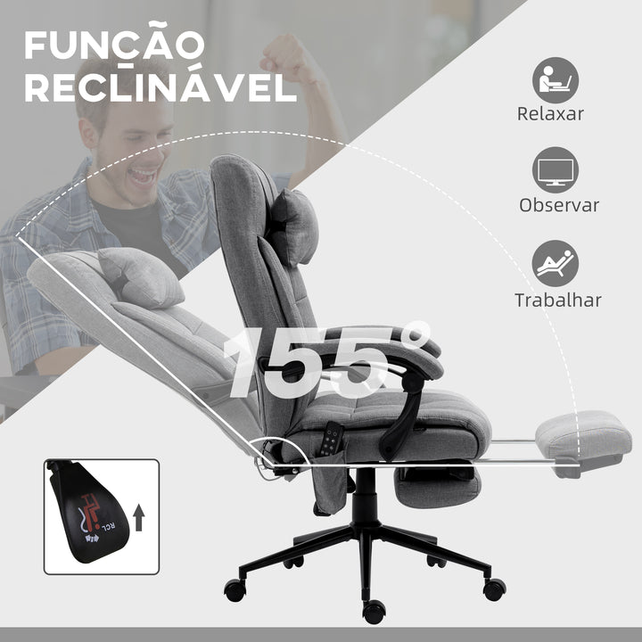 Cadeira de Escritório com 6 Pontos de Massagem e 5 Modos Cadeira de Escritório Reclinável 155° com Função de Aquecimento Altura Ajustável e Apoio para os Pés para Estúdio 66x76x112-120 cm Cinza