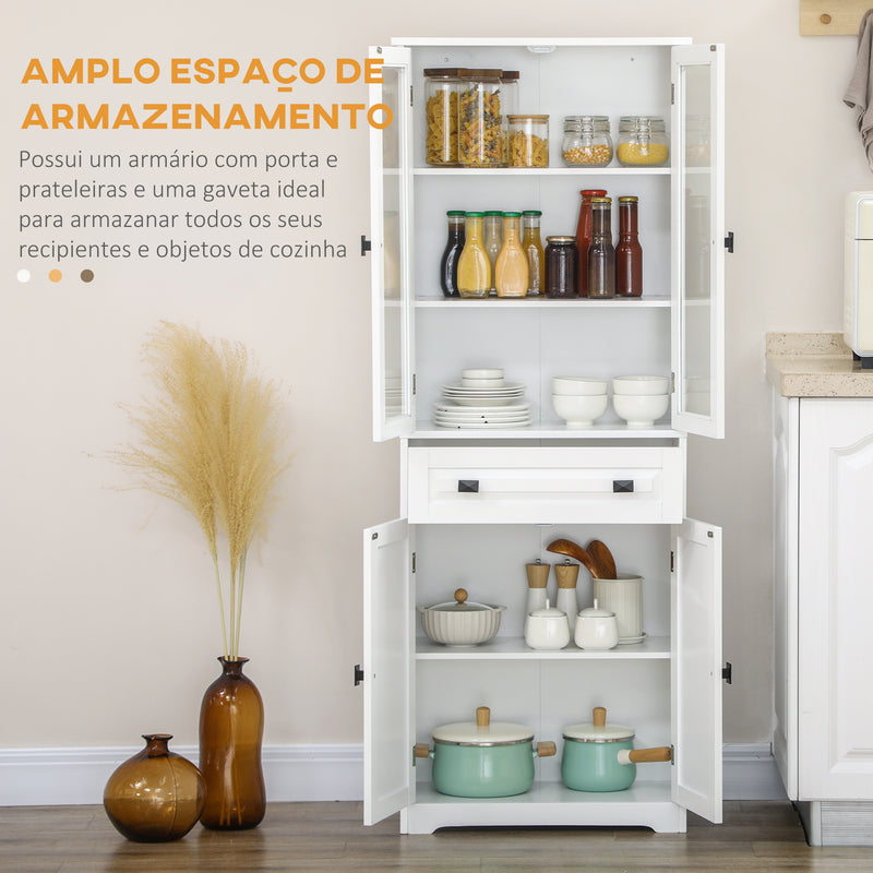 Armário de Cozinha Móvel Auxiliar de Cozinha com 4 Portas 1 Gaveta e 2 Prateleiras Ajustáveis para Sala de Jantar 60x30x160 cm Branco