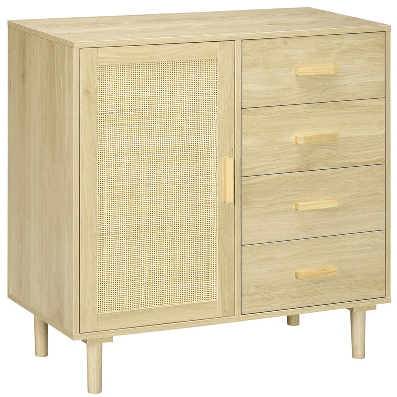 Aparador Sala de Estar Estilo Cannage Armário Buffet com Porta de Vime 4 Gavetas e Pés de Madeira de Pinho para Cozinha Entrada 80x38x80,5 cm Madeira