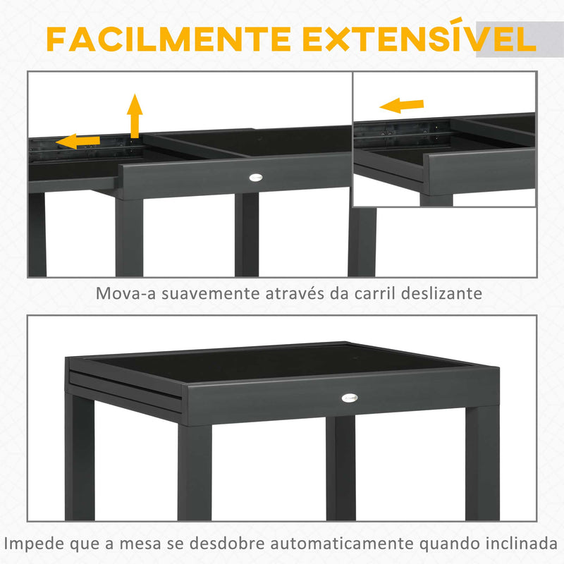 Mesa de Jardim Extensível de Alumínio Mesa de Jantar Retangular com Bancada de Vidro Temperado Carga 50 kg para Varanda Pátio Exterior 160x80x75 cm Preto