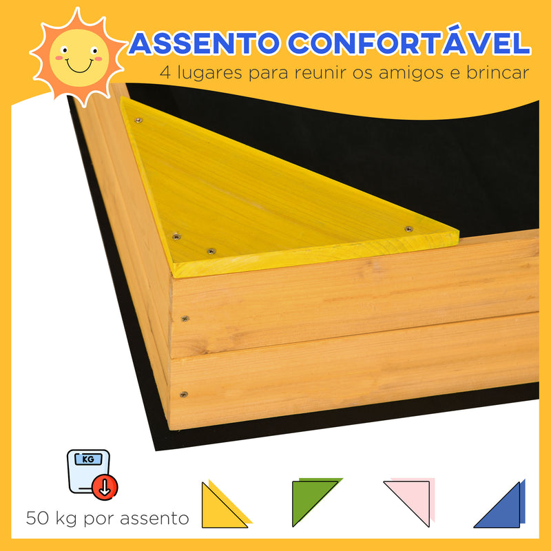 Caixa de Areia de Madeira Caixa de Areia para Crianças de 3-8 Anos com Tecido não Tecido e 4 Assentos para jardim Pátio Varanda 109x109x19,8 cm Madeira