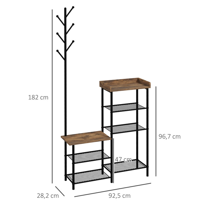 Móvel Cabide de Entrada com Sapateira 5 Prateleiras Móvel de Entrada com 6 Ganchos para Pendurar Bolsas Roupas Estilo Industrial para Corredor Entrada 92,5x28x182 cm Marrom Rústico