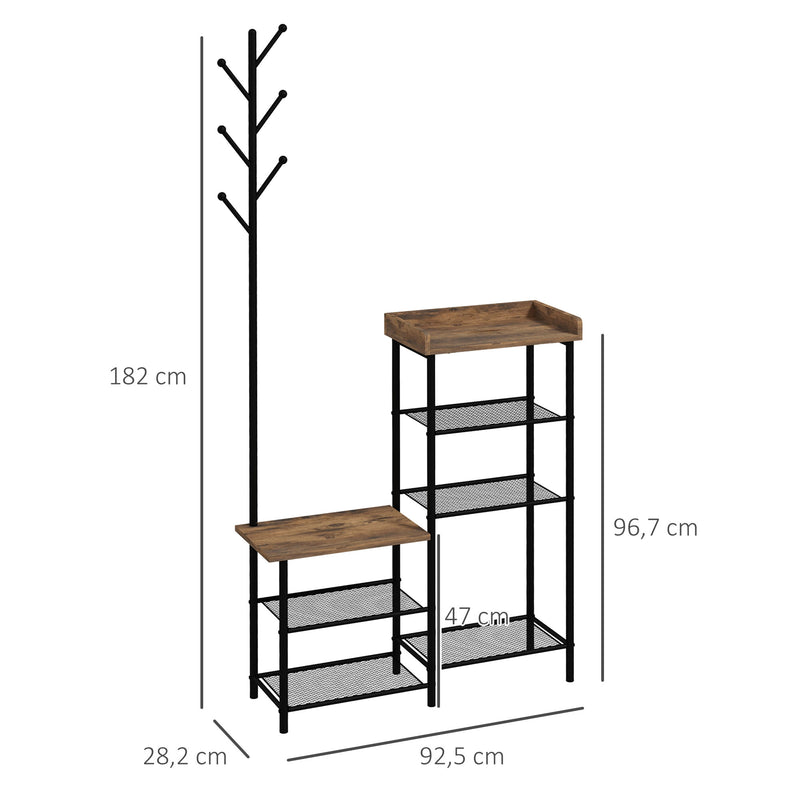 Móvel Cabide de Entrada com Sapateira 5 Prateleiras Móvel de Entrada com 6 Ganchos para Pendurar Bolsas Roupas Estilo Industrial para Corredor Entrada 92,5x28x182 cm Marrom Rústico