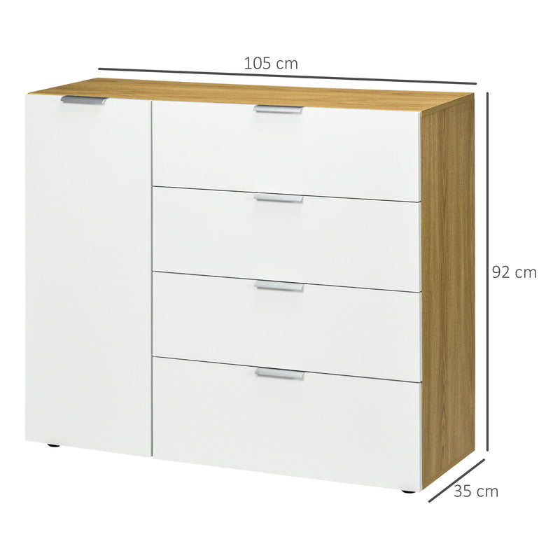 Aparador de Sala de Estar Cómoda com 4 Gavetas de Alto Brilho Porta e Prateleiras Ajustáveis para Sala de Jantar Dormitório 105x35x92 cm Branco e Madeira