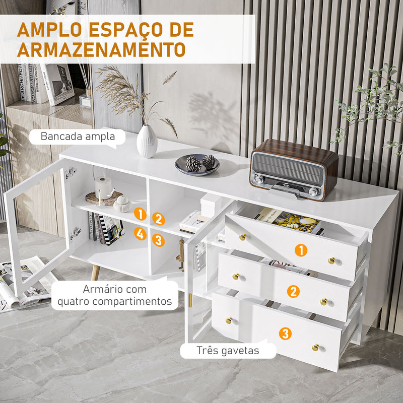 Aparador de Cozinha Moderno Aparador de Sala de Estar com 2 Portas de Vidro 3 Gavetas e Pés de Madeira de Borracha para Sala de Jantar 160x40x80 cm Branco e Madeira