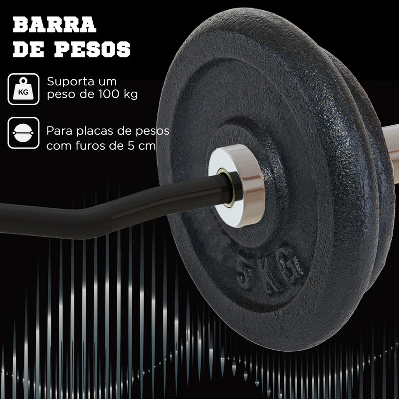 Barra de Pesos de Aço 120 cm Barra Curl EZ Ø50 mm com 2 Grampos Carga 100 kg Barra Olimpica para Discos de Ø5 cm Treino em Ginásio Casa Prata e Preto