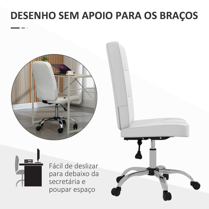 Cadeira de Escritório sem Apoio para os Braços Cadeira de Escritório Giratória de Couro Sintético com Altura Ajustável Estilo Moderno Carga Máxima 120 kg 45x59x90-100 cm Branco