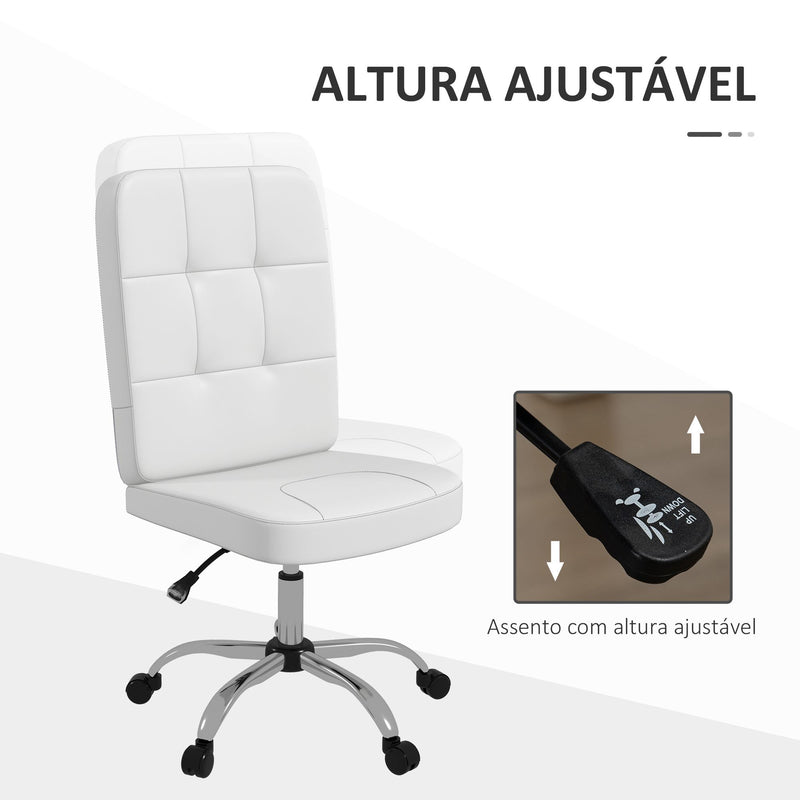 Cadeira de Escritório sem Apoio para os Braços Cadeira de Escritório Giratória de Couro Sintético com Altura Ajustável Estilo Moderno Carga Máxima 120 kg 45x59x90-100 cm Branco