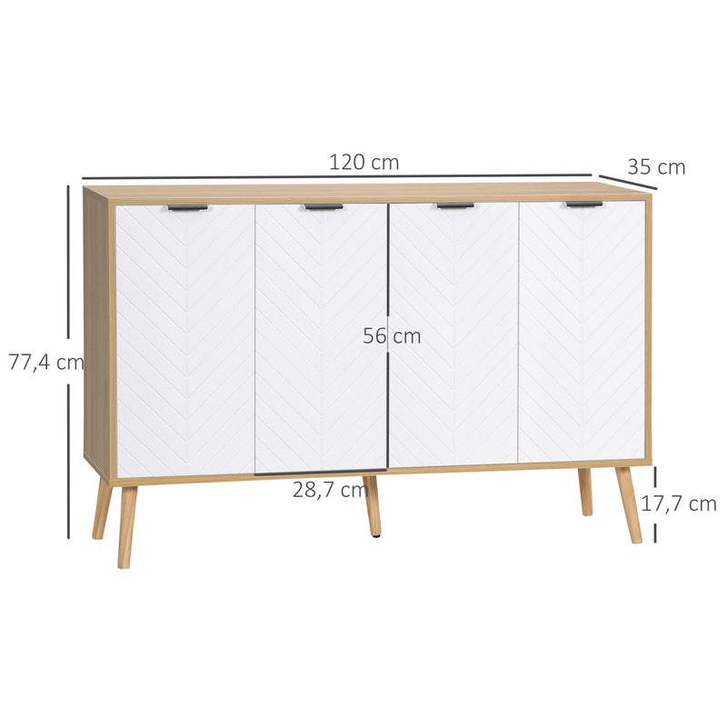 Aparador de Cozinha Moderno Móvel Buffet Auxiliar com Prateleiras Ajustáveis 2 Armários e Anti-Tombo Carga Máx. 50 kg para Sala de Estar 120x35x77,4 cm Branco e Madeira