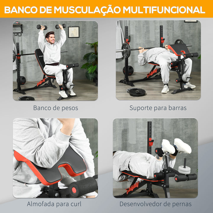 Banco de Musculação Multifuncional Banco de Pesos com Encosto Reclinável e Suporte de Barras Ajustável para Treino de Abdominal Pernas Braços e Peitoral Carga 150 kg 180x110x126 cm Preto