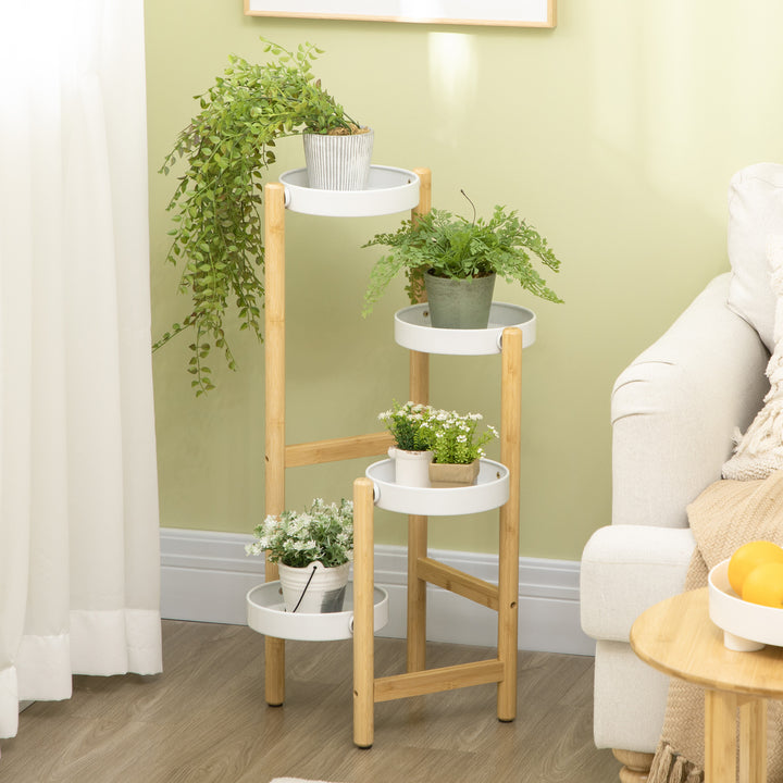 Suporte para Plantas Prateleira para Plantas com Pés de Bambu Estante para Flores com 4 Prateleiras Redondas Carga Máxima 20 kg para Interior e Exterior Ø28x80 cm Madeira e Branco