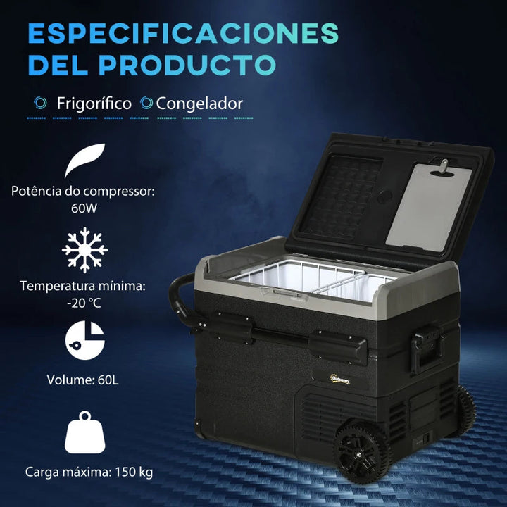 Frigorífico e Congelador de Compressor Portátil 60L Refrigerador de Carro CC 12V/24V até -20? com Ecrã LED Tátil Alça Retrátil e Rodas 71,1x46x57,1 cm Preto