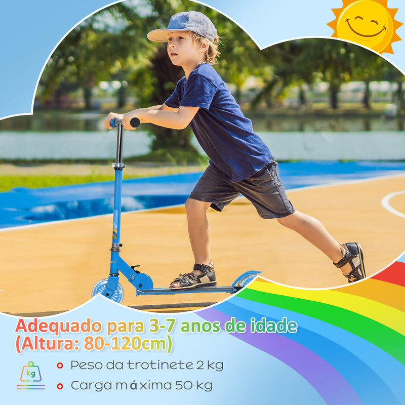 Trotinete para Crianças Dobrável Trotinete Infantil com Luzes e Música 4 Alturas Ajustável Rodas Brilhantes e Pedal LED para 3-7 Anos Carga 50 kg 67x32x65-78 cm Azul