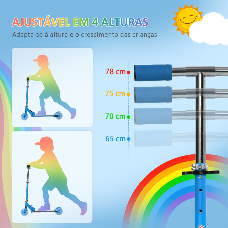 Trotinete para Crianças Dobrável Trotinete Infantil com Luzes e Música 4 Alturas Ajustável Rodas Brilhantes e Pedal LED para 3-7 Anos Carga 50 kg 67x32x65-78 cm Azul