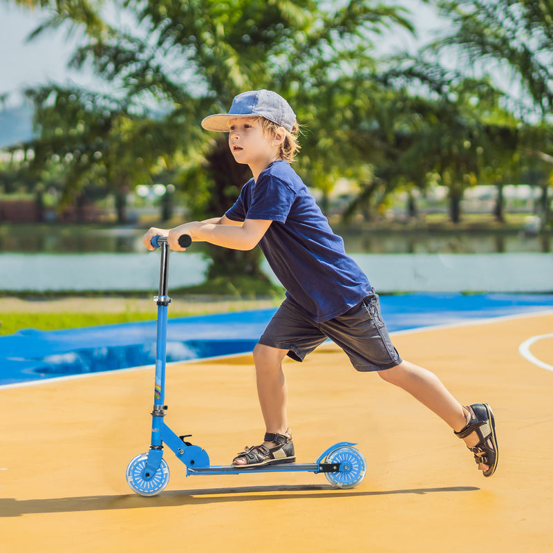 Trotinete para Crianças Dobrável Trotinete Infantil com Luzes e Música 4 Alturas Ajustável Rodas Brilhantes e Pedal LED para 3-7 Anos Carga 50 kg 67x32x65-78 cm Azul