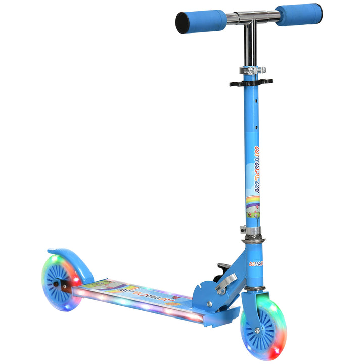 Trotinete para Crianças Dobrável Trotinete Infantil com Luzes e Música 4 Alturas Ajustável Rodas Brilhantes e Pedal LED para 3-7 Anos Carga 50 kg 67x32x65-78 cm Azul