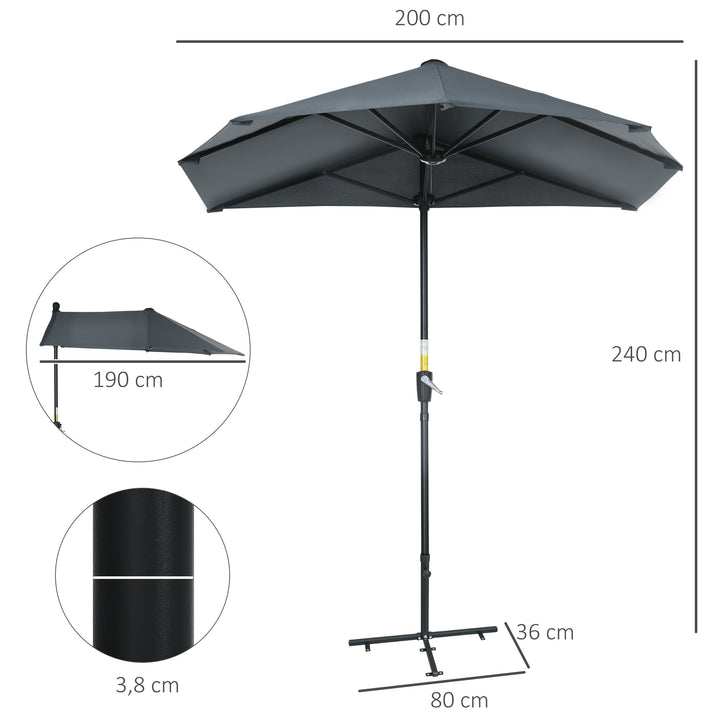Chapéu de Sol de Parede 190x200x240 cm Chapéu de Sol de Jardim com Manivela Mastro de Aço Base Cruzada e Proteção Solar para Terraço Balcão Cinza