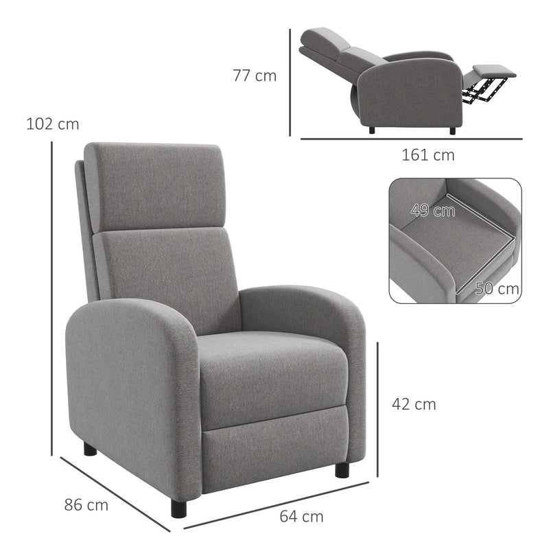 Poltrona Relax Reclinável até 160° Poltrona Reclinável Manual com Apoio para os Pés Carga Máxima 120 kg para Sala de Estar Dormitório 64x86x102 cm Cinza