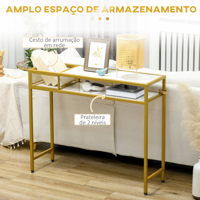 Mesa Consola Mesa de Entrada com Prateleira Cesta de Armazenamento e Estrutura de Aço Móvel de Entrada para Sala de Estar Corredor Carga Máxima 50 kg 100x30x80 cm Dourado e Branco