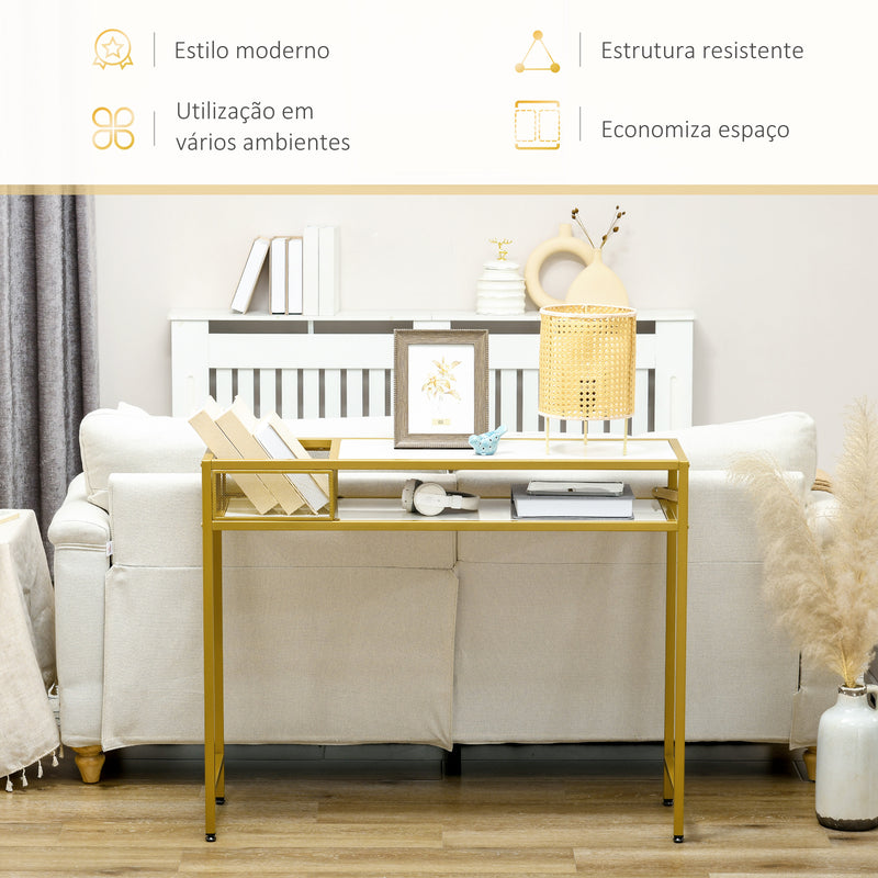 Mesa Consola Mesa de Entrada com Prateleira Cesta de Armazenamento e Estrutura de Aço Móvel de Entrada para Sala de Estar Corredor Carga Máxima 50 kg 100x30x80 cm Dourado e Branco