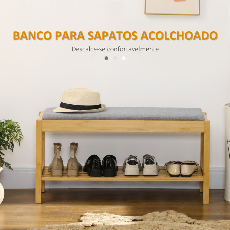 Banco Sapateiro de Bambu Banco Sapateiro com Assento Estofado para 3 Pares de Sapatos com Prateleira de Ripas para Entrada Corredor 90x30x46 cm Madeira