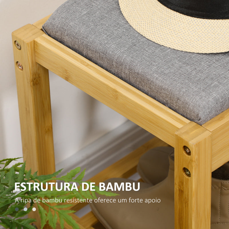 Banco Sapateiro de Bambu Banco Sapateiro com Assento Estofado para 3 Pares de Sapatos com Prateleira de Ripas para Entrada Corredor 90x30x46 cm Madeira