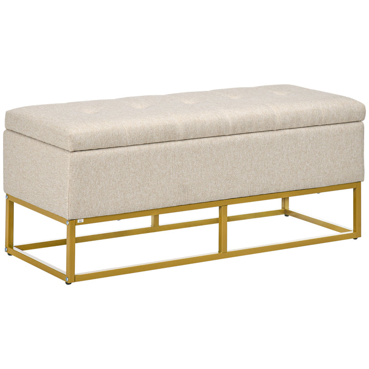 Banco de Armazenamento Otomano Retangular Estofado em Linho com Pés de Aço para Sala de Estar Dormitório 110x44x48 cm Bege