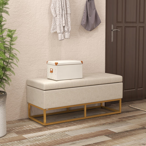 Banco de Armazenamento Otomano Retangular Estofado em Linho com Pés de Aço para Sala de Estar Dormitório 110x44x48 cm Bege
