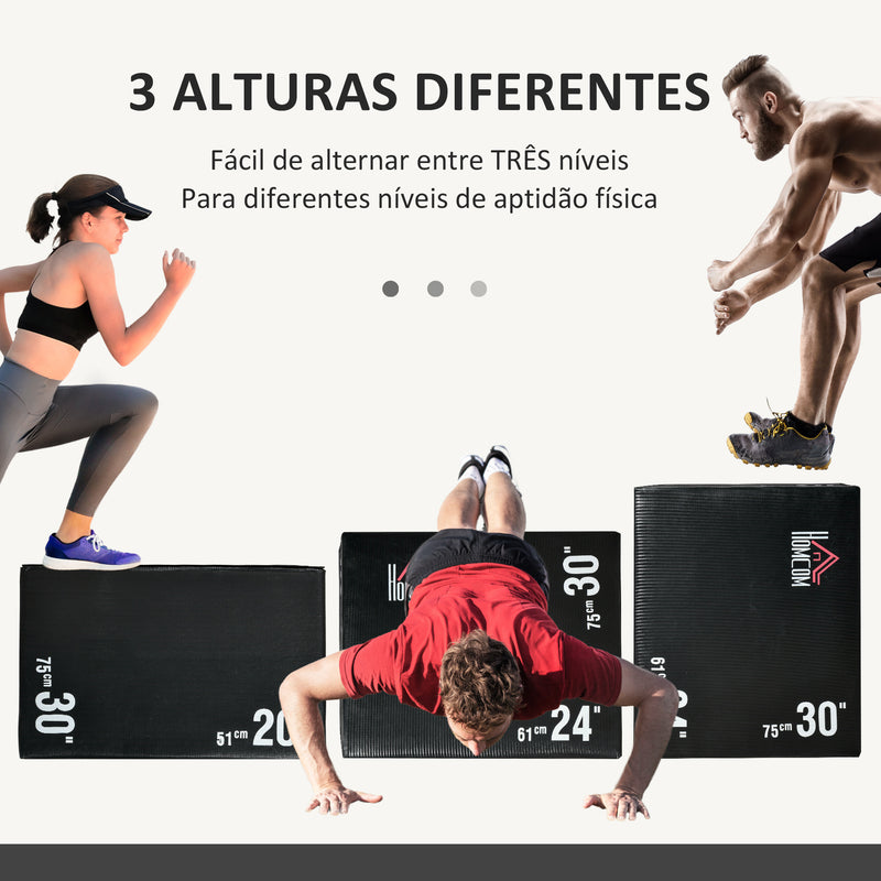 Caixa Pliometria com Fecho de Correr Caixa de Salto com 3 Diferentes Alturas Carga Máxima 120 kg para Casa Escritório Ginásio 75x51x61 cm Preto