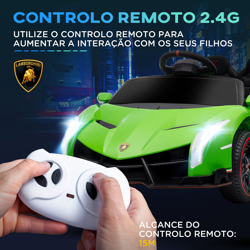 Carro Elétrico Lamborghini para Crianças de 3 a 6 Anos Carro a Bateria 12V Velocidade Máxima 7 km/h com Controlo Remoto MP3 Luzes e Cinto de Segurança 111x61x45 cm Verde