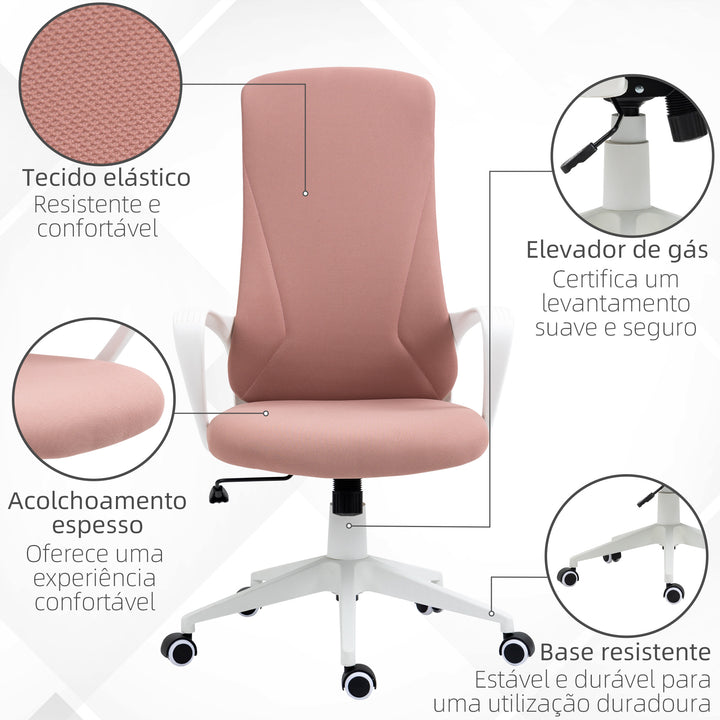 Cadeira de Escritório Giratória com Altura Ajustável Cadeira de Escritório Ergonómica com Apoio para os Braços Função de Inclinação e Encosto Alto para Sala de Estar Dormitório 62x56x110-119,5 cm Rosa