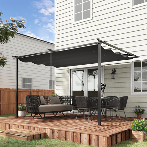 Pérgola de Parede de Jardim 3,9x2,9 m Pérgola com Teto Retrátil Tecido de Poliéster e Estrutura de Aço para Pátio Varanda Cinza Escuro