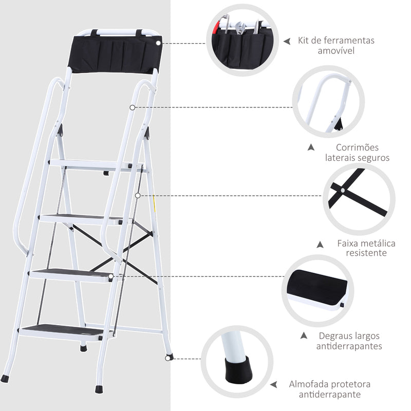 Escada Dobrável com 4 Degraus Escada de Metal com Apoio para os Braços e Suporte para Ferramentas Carga Máxima 150 kg 50x83x155 cm Branco e Preto