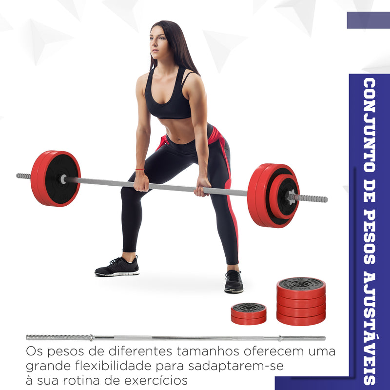 Conjunto de Barra de Pesos 30 kg com Discos Conjunto de Musculação com 6 Discos e 1 Barra para Treino de Força Levantamento de Pesos em Casa Ginásio Escritório 170x26x26 cm Vermelho