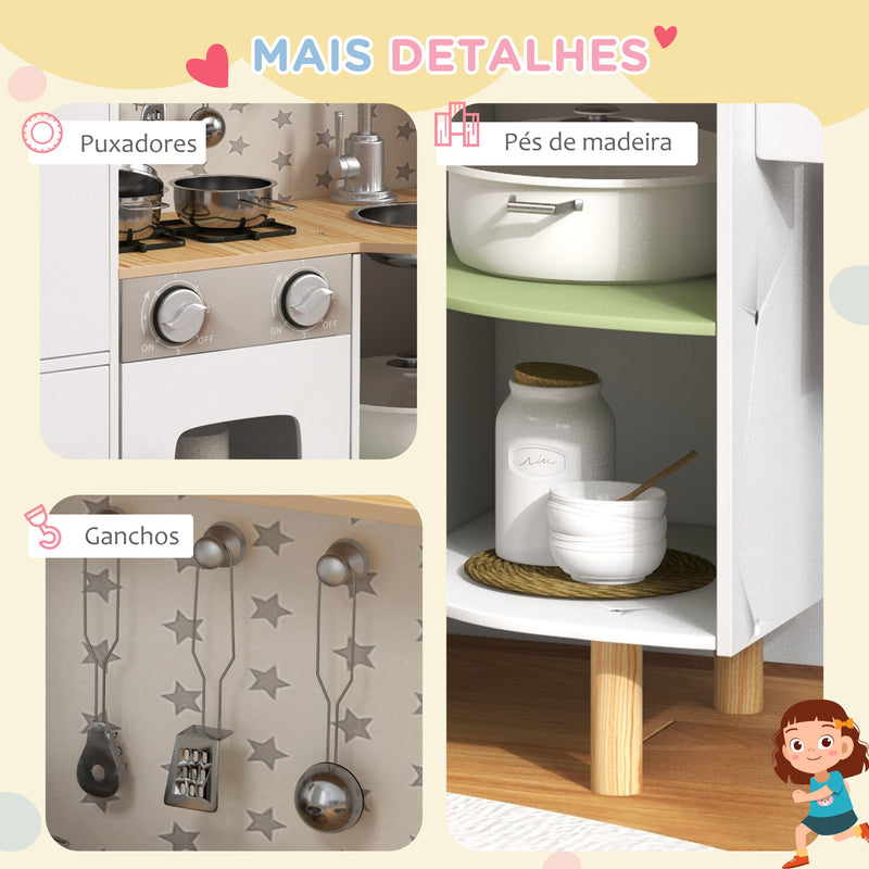 Cozinha de Madeira para Crianças de 3-6 Anos Cozinha Infantil com Máquina de Gelo Lavatório de Aço Inoxidável e Utensílios 84x34x89 cm Branco