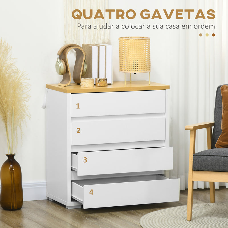 Cómoda Moderna com 4 Gavetas Cómoda de Madeira para Dormitório Sala de Estar Carga Máxima 40 kg 70x37x75 cm Branco e Madeira