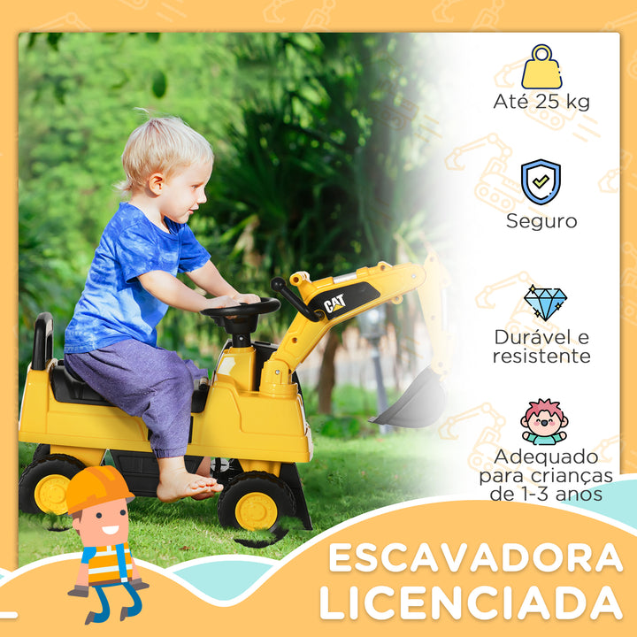Escavadora com Licença Caterpillar Escavadora para Crianças de 1-3 Anos com Pá Dianteira e Buzina Carga Máxima 25 kg 85x27,5x47,5 cm Amarelo