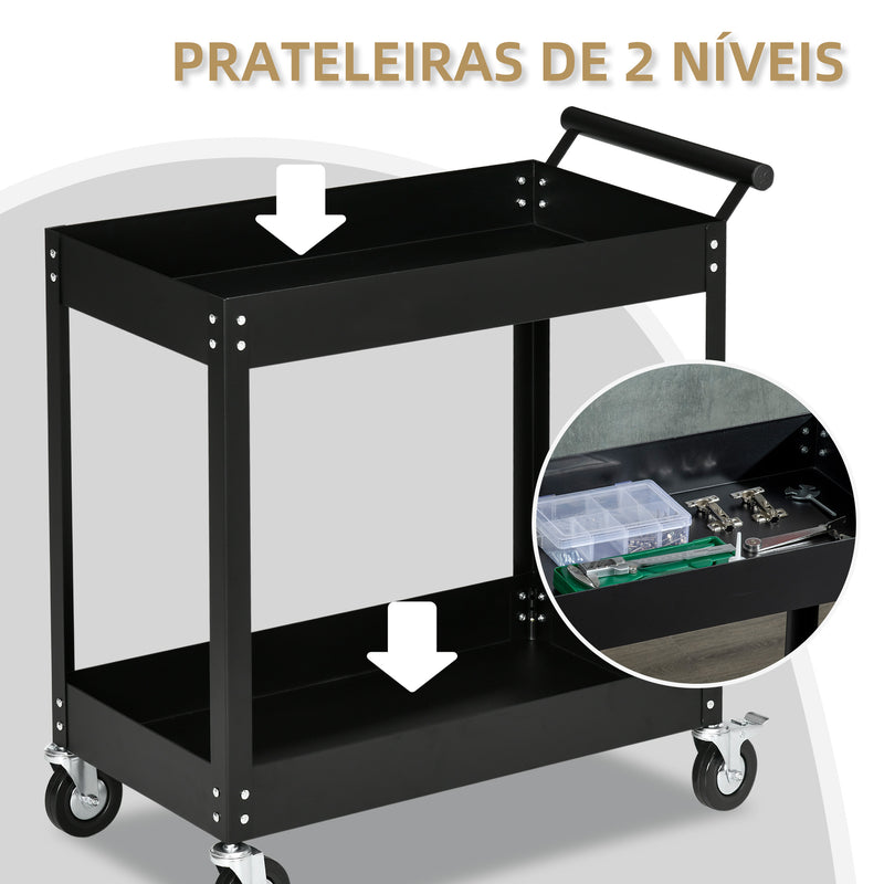 Carrinho de Ferramentas de 2 Níveis Carro de de Ferramentas com Rodas para Garagem Oficina Mecânica Carga Máxima 150 kg 84,5x38x84 cm Preto