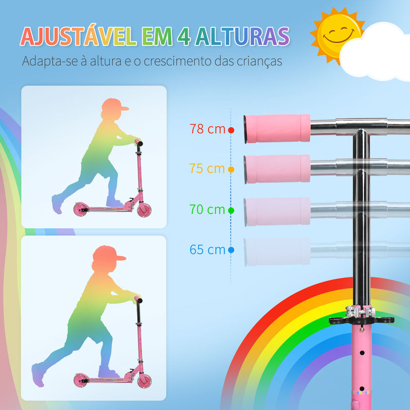 Trotinete para Crianças Dobrável Trotinete Infantil com Luzes e Música 4 Alturas Ajustável Rodas Brilhantes e Pedal LED para 3-7 Anos Carga 50 kg 67x32x65-78 cm Rosa